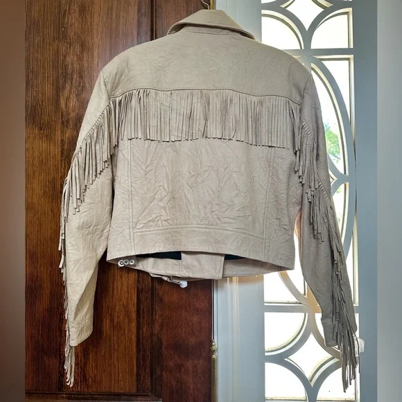 NWT IRO Marom Fringed Crinkled Leather Biker Jacket 38 M Beige - Picture 5 of 11